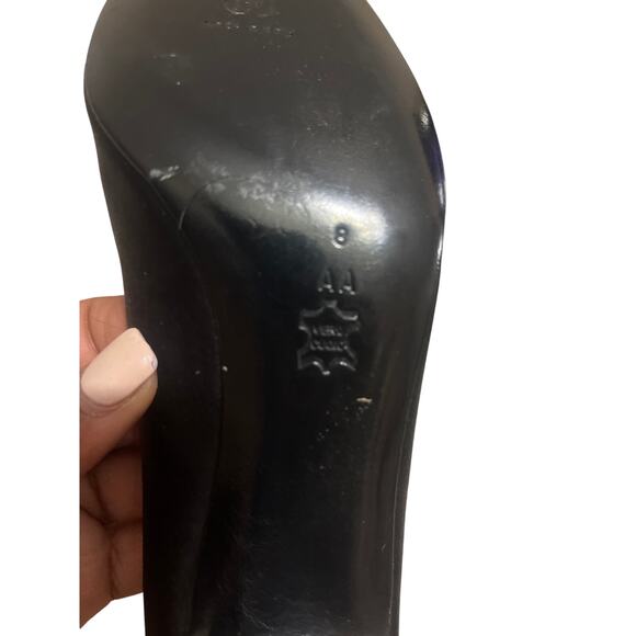 Vintage: Bruno Magli & Metallic Patchwork Peep Toe Pumps & Black Satin - Picture 6 of 6